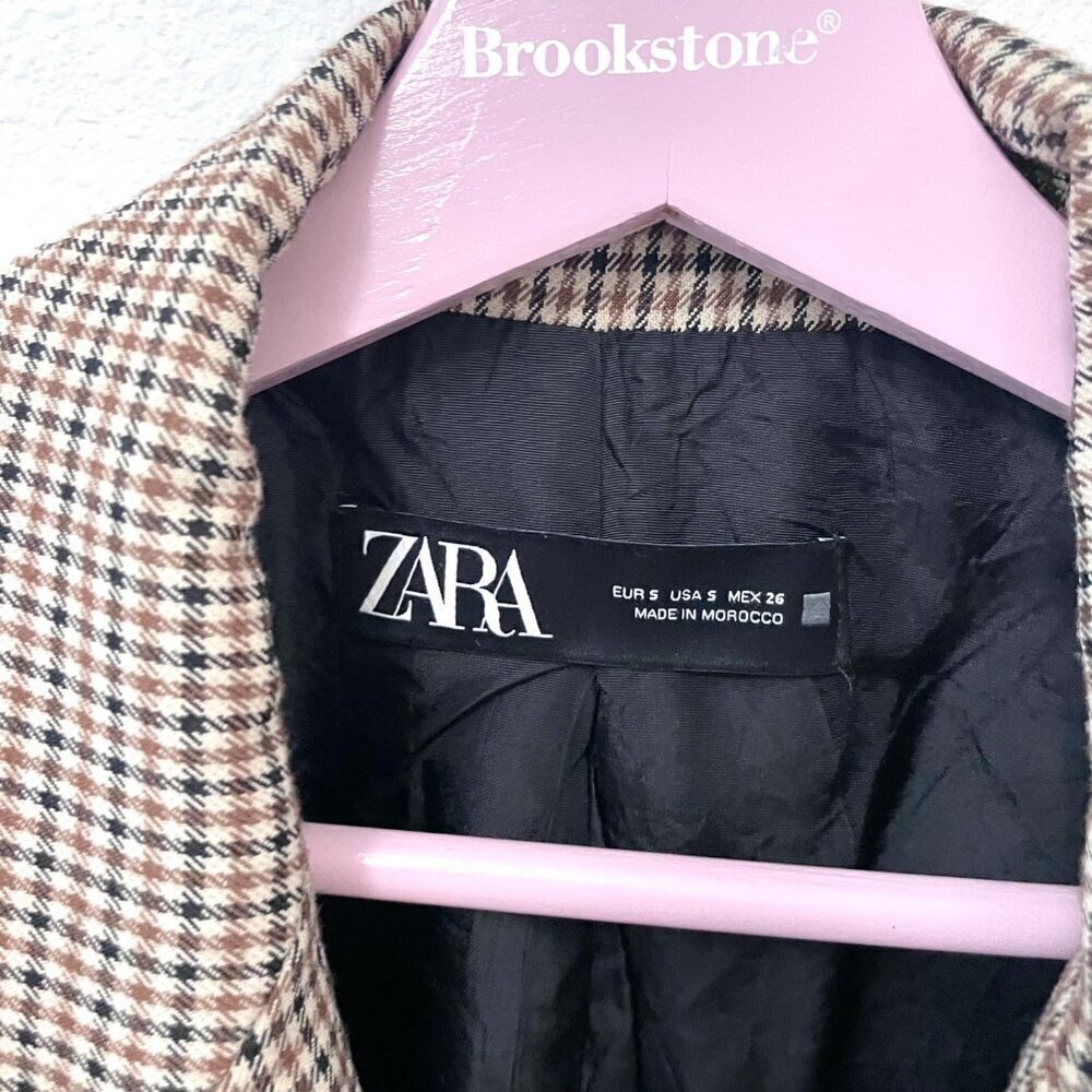 Zara Houndstooth Brown Black Long Sleeve Lapel Collar Blazer Size S - Picture 2 of 6